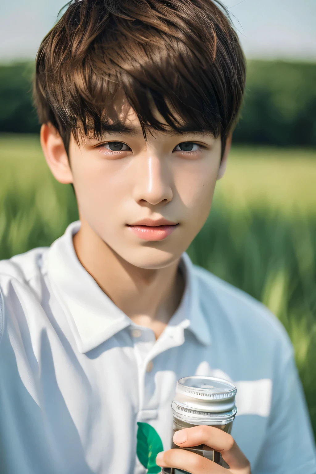 Highest quality, masterpiece, Ultra-high resolution, (Realistic: 1.4), Original photo, wallpaper, Head Photo, skin, Simple Background, Iris, detailed, Selfie, 1 boy, 18-year-old, good looking, grassland