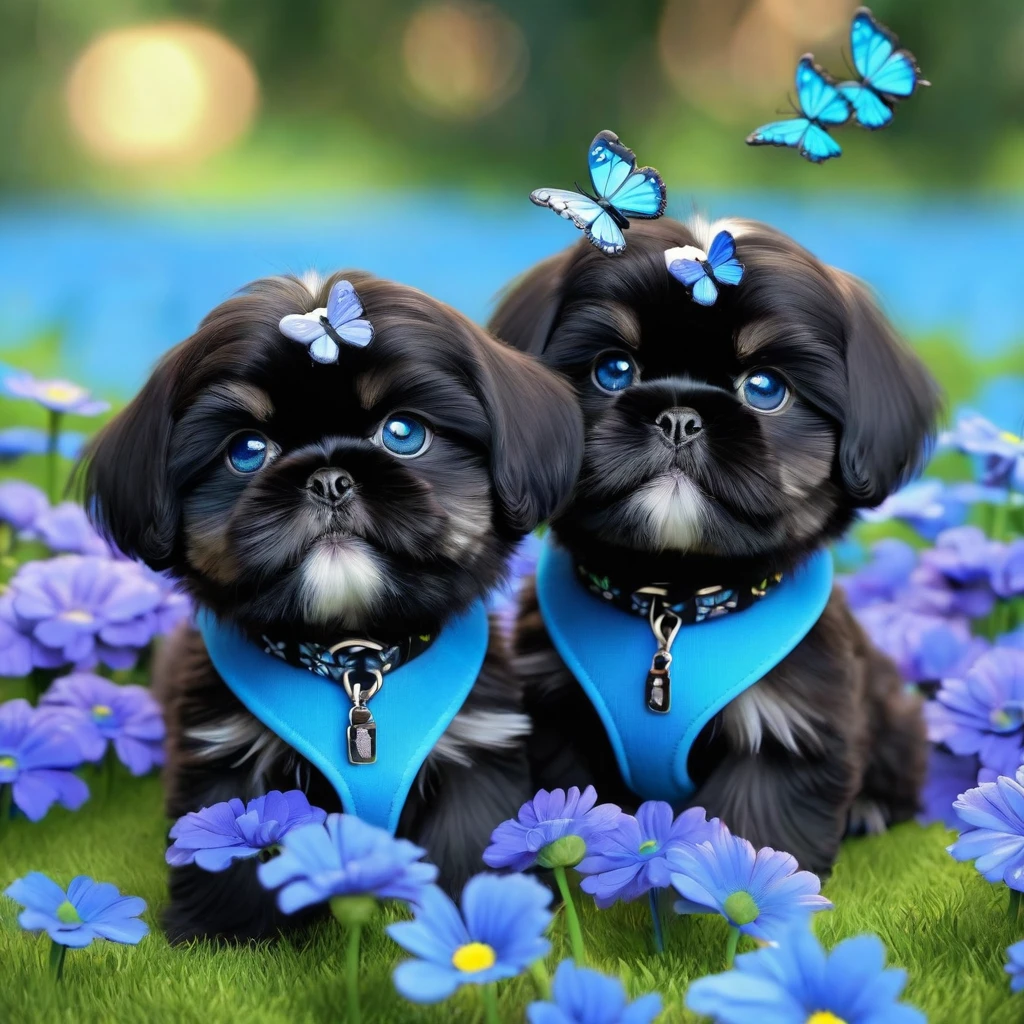 2 adorable small shih black shih tzu puppies wearing blue collars with bright blue eyes playing in park butterflies and flowes in background 3D Pixar style