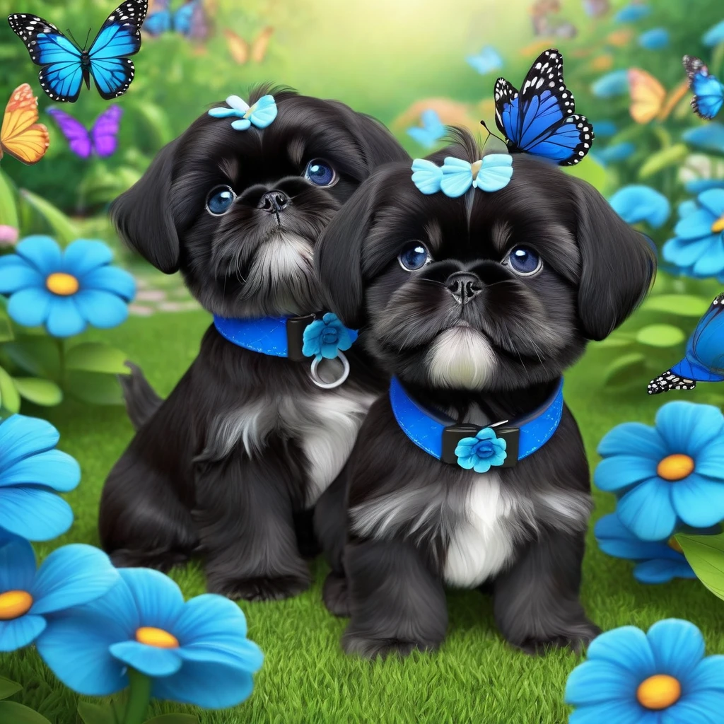 2 adorable small shih black shih tzu puppies wearing blue collars with bright blue eyes playing in park butterflies and flowes in background  3D Pixar style