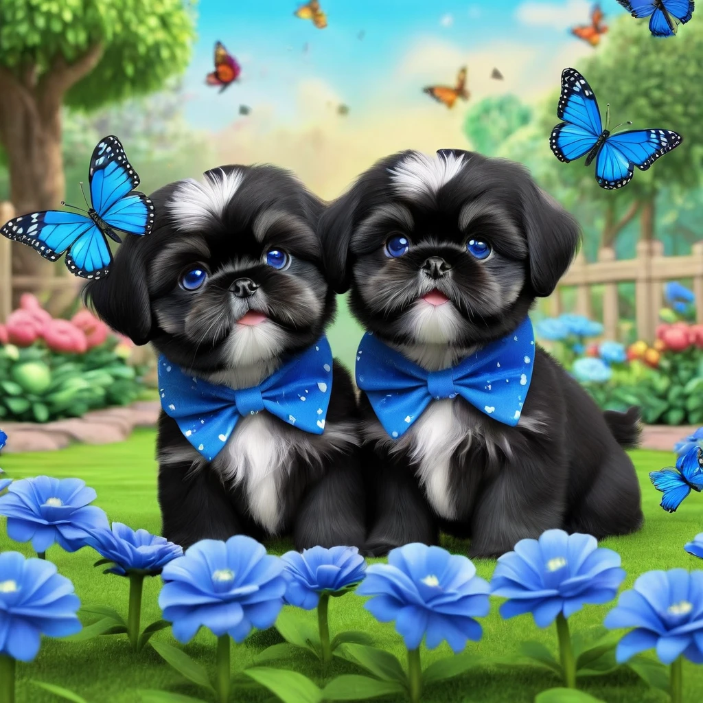 2 adorable small shih black shih tzu puppies wearing blue collars with bright blue eyes playing in park erflies and flowes in background 3D Pixar style