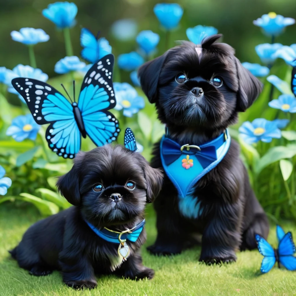 2 adorable small shih black shih tzu puppies wearing blue collars with bright blue eyes playing in park butterflies and flowes in background 3D Pixar style