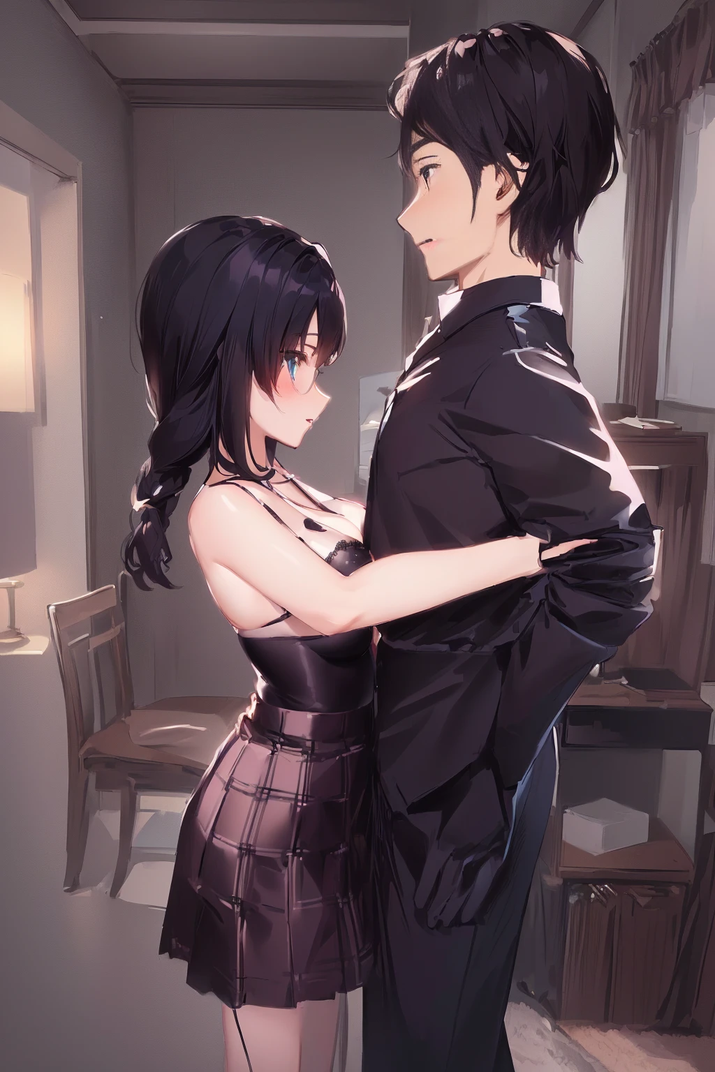masterpiece, anime image of a man and a woman in a room,, , couple pose, a woman is bra and skirt,