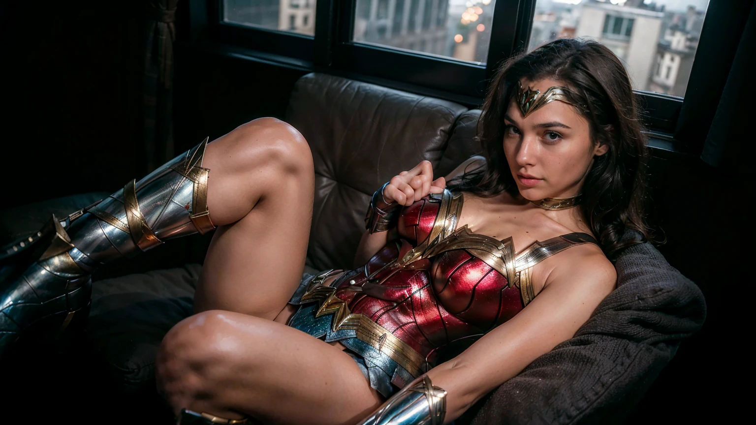 ((masterpiece), (solo character), (photorealistic:1.4), ),(best quality), (epiCRealLife), (g4lg), (wonder woman bra top), (g4lg show abs), (g4lg show cleavages), (Gal Godot in wonder woman costume), (lora:epiCFlashPhoto),(flashphoto), (flash photography) (look at viewers), (Paris bar), (Paris city landmark night views), (window), (night time), (pose for picture), (sitting at lounge sofa), (looking at viewers),  (at night), (night time), (wonder woman boots), (from above)