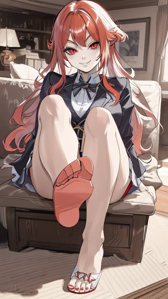 red hair, confident smile, red eyes, badass look, superior look, shoes on the ground