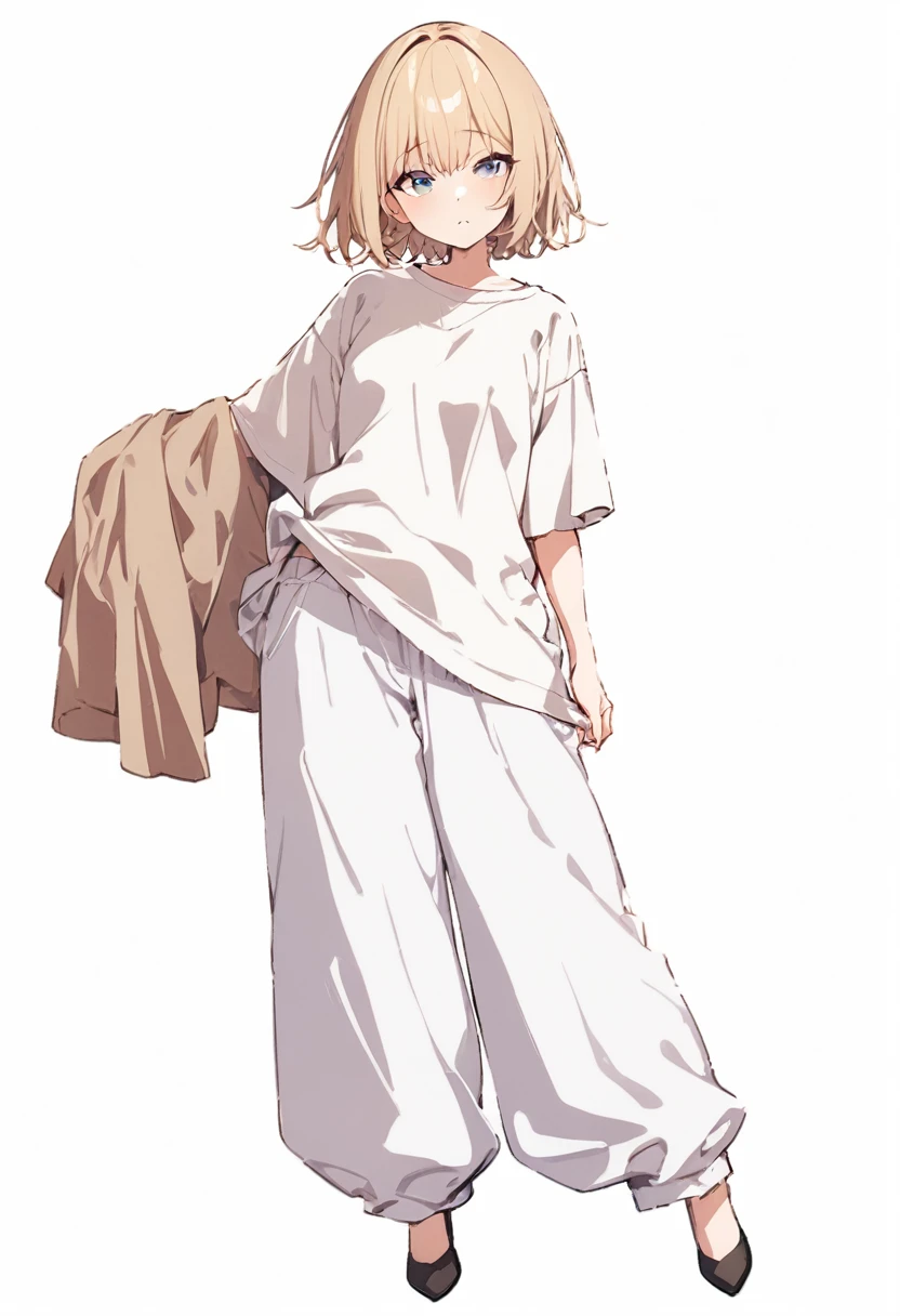 (masterpiece, Highest quality:1.2), girl、alone, Loose-fitting short-sleeved T-shirt, Relaxed wide pants , whole body, Simple Background, White background,