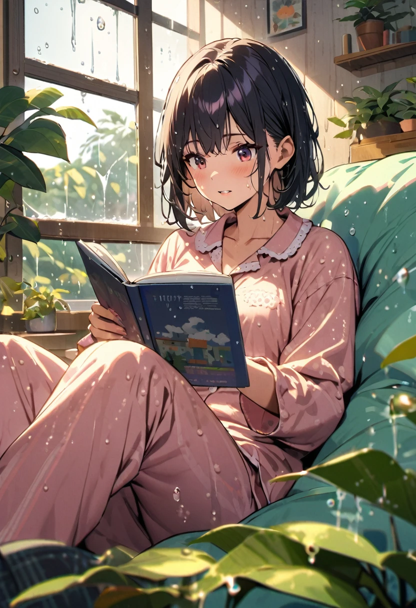 ((Wet day)), (Water splashed on the window), Cozy apartment with plants, Woman reading a book, Cozy bean bag chair, pajamas, Detailed face