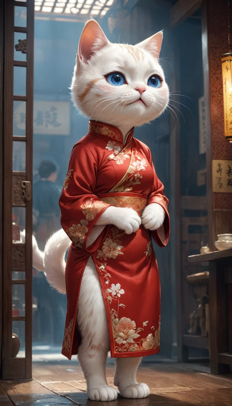 Crying face、tears、small, かわいいto be bornき物, Wearing a red cheongsam、 whole body,small , Are standing, Costume, Chinese restaurant、 Fantasy art, Exquisite detail, Jean-Baptiste Monge Style, office、Alan Lee Style, Anthropomorphic, Fat, White cat with big blue eyes, Movie Scenes, Dramatic shot angles, , Realistic, to be born々Stunning cinematic photorealism, Action Portrait, 8k, detailed, Full Frame