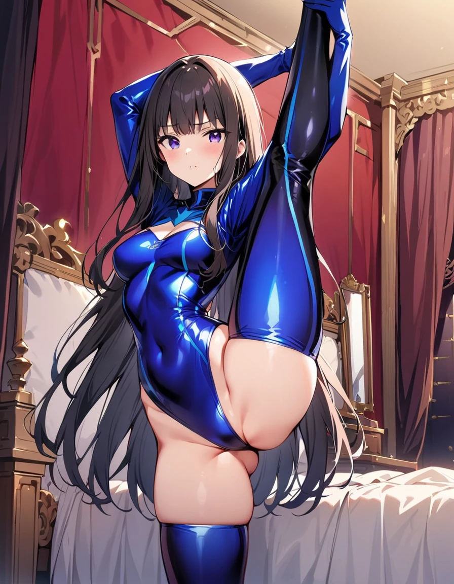 (masterpiece, best quality:1.2), 1girl, solo,standing_split, 
cyber latex uniform, (royal bedroom background, ), recent, ( inoue takina, ), 