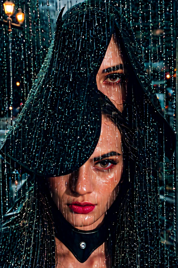 Fashion Beauty Close-Ups, ((Sonic manipulation powers and bat-like features)), Silhouette, (glitch style, candlelight lighting, hyperdetailed, insanely detailed:0.8), eye level, ((Rain-soaked streets)), (Vintage:0.6), Ethereal