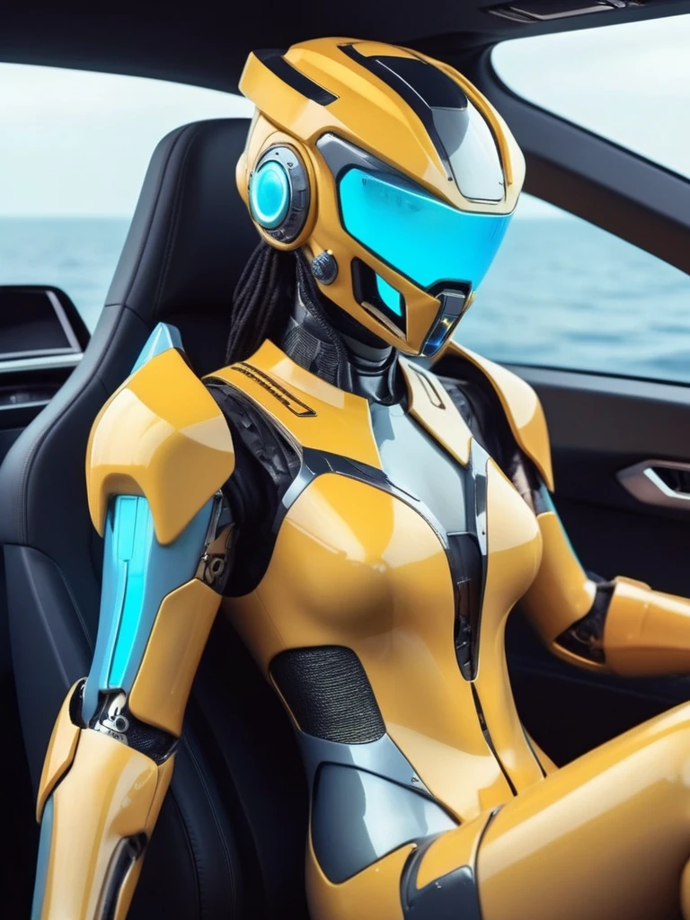 ral-opal, meahophontron, cyberpunk, woman ROBOT DEMON futuristic helmet (light yellow suit, black gray, light blue brown) With futuristic armor, (along with a supercar) blue colors, negro, gris con soft tones, background image: (driving through the sea) soft tones