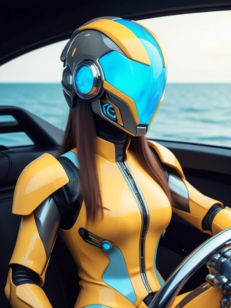 ral-opal, meahophontron, cyberpunk, woman ROBOT DEMON futuristic helmet (light yellow suit, black gray, light blue brown) With futuristic armor, (along with a supercar) blue colors, negro, gris con soft tones, background image: (driving through the sea) soft tones