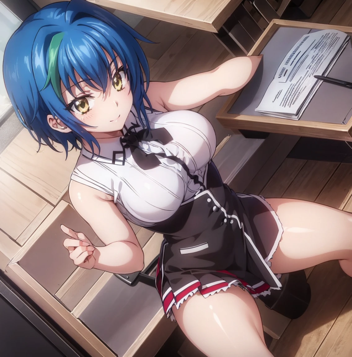 ((1girl)),((alone)),xenovia quarta,(masterpiece), (best quality), (ultra detailed), (best illustration), (best shadow), (absurdities), sharp focus, cowboy photo , looking at viewer, big breasts, narrow waist, wide hips, medium thighs, round butt, dynamic posture, short hair, blue hair, yellow eyes, multicolored hair, green locks, two-tone hair, striped hair, shirt, ribbon, uniform , white shirt, black ribbon, neckband, bare thighs, black corset, short sleeves, short skirt, red skirt, smiling, playful look, seductive smile, closed mouth, seductive expression, (sexy pose: 1.2), ( (solo)), standing: 1.3, indoor, school, classroom, desks, desk, window, dusk, looking forward ((focus on breasts), point of view (from above), red blush, perfect anatomy, hands perfect