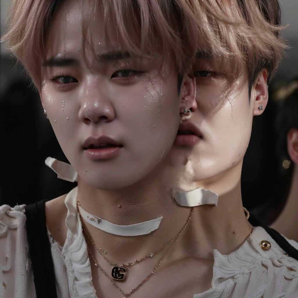 a closeup of a person with a necklace on their neck, Jimin, Cai Xu Kun, jungkook, Jimin\his right eyelid is swollen, Jimin\full lips, Jimin\'s grecian nose, accurate Jimin face, Hyung Tae, black haired yoongi, park Jimin, taehyung eating gucci fries, taken in the early 2020s, wearing choker