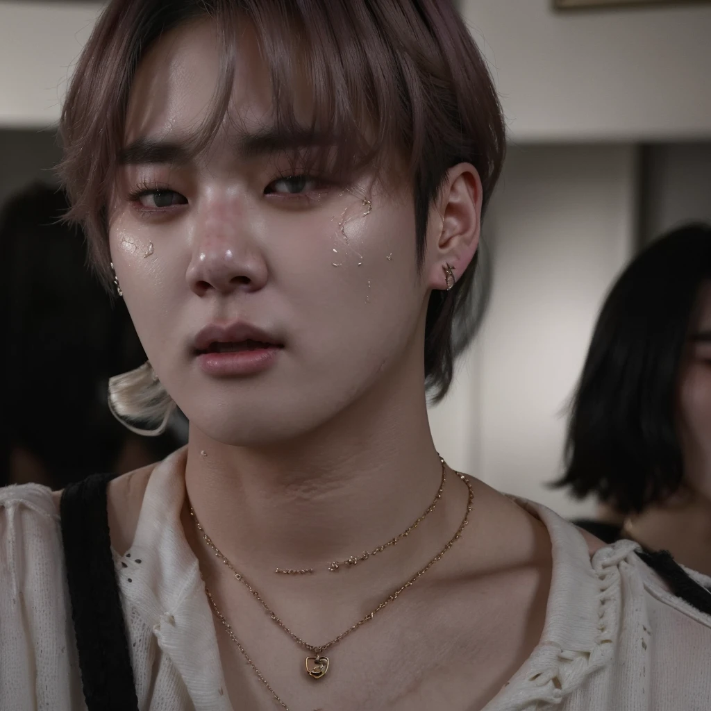 a closeup of a person with a necklace on their neck, Jimin, Cai Xu Kun, jungkook, Jimin\his right eyelid is swollen, Jimin\full lips, Jimin\'s grecian nose, accurate Jimin face, Hyung Tae, black haired yoongi, park Jimin, taehyung eating gucci fries, taken in the early 2020s, wearing choker