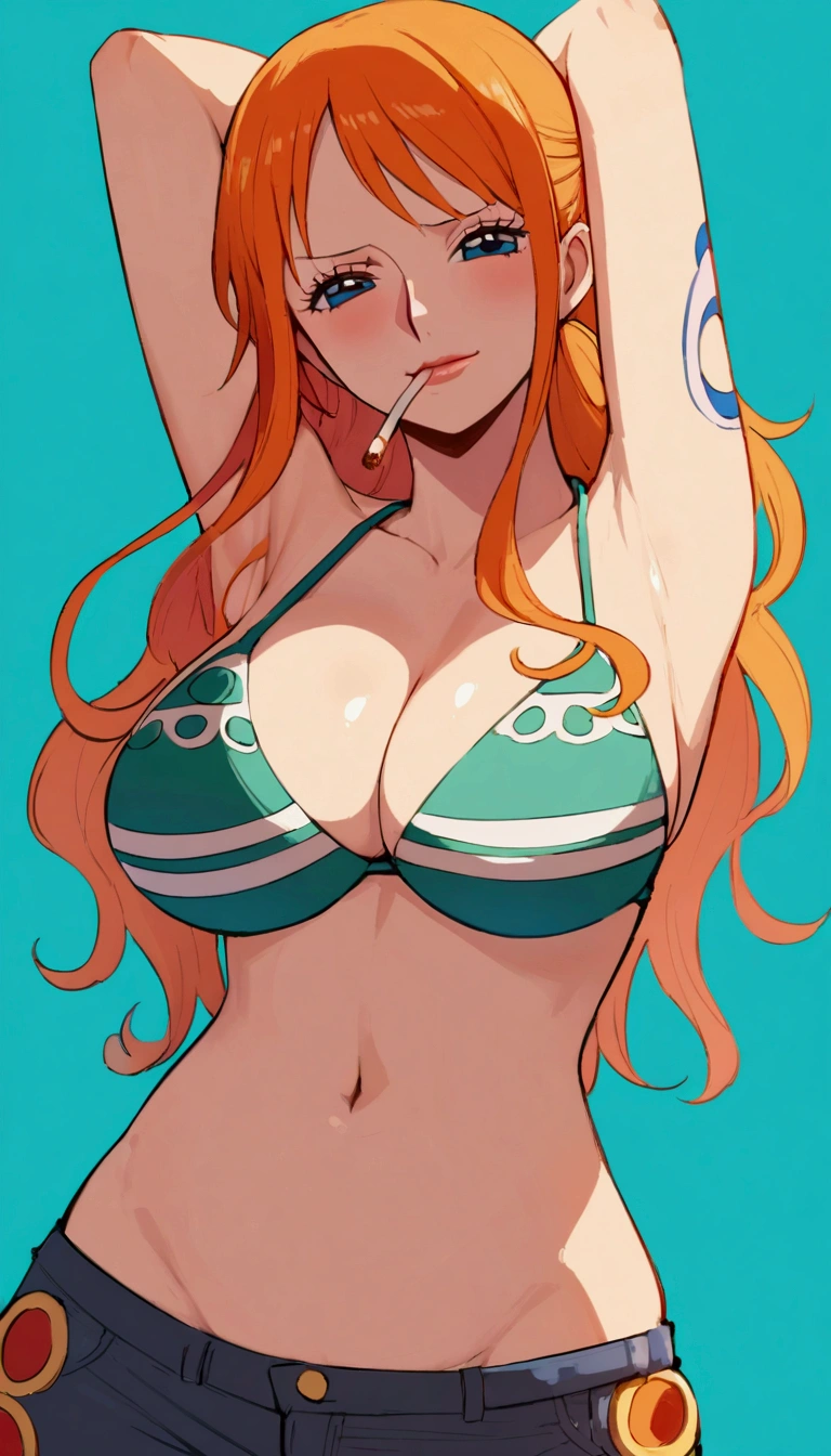 a cartoon picture of a woman in a bikini top and jeans, nami one piece, nami from one piece, nami, beautiful portrait of nami, from one piece, oppai, blue eyes, smoking, ponytail, nsfw