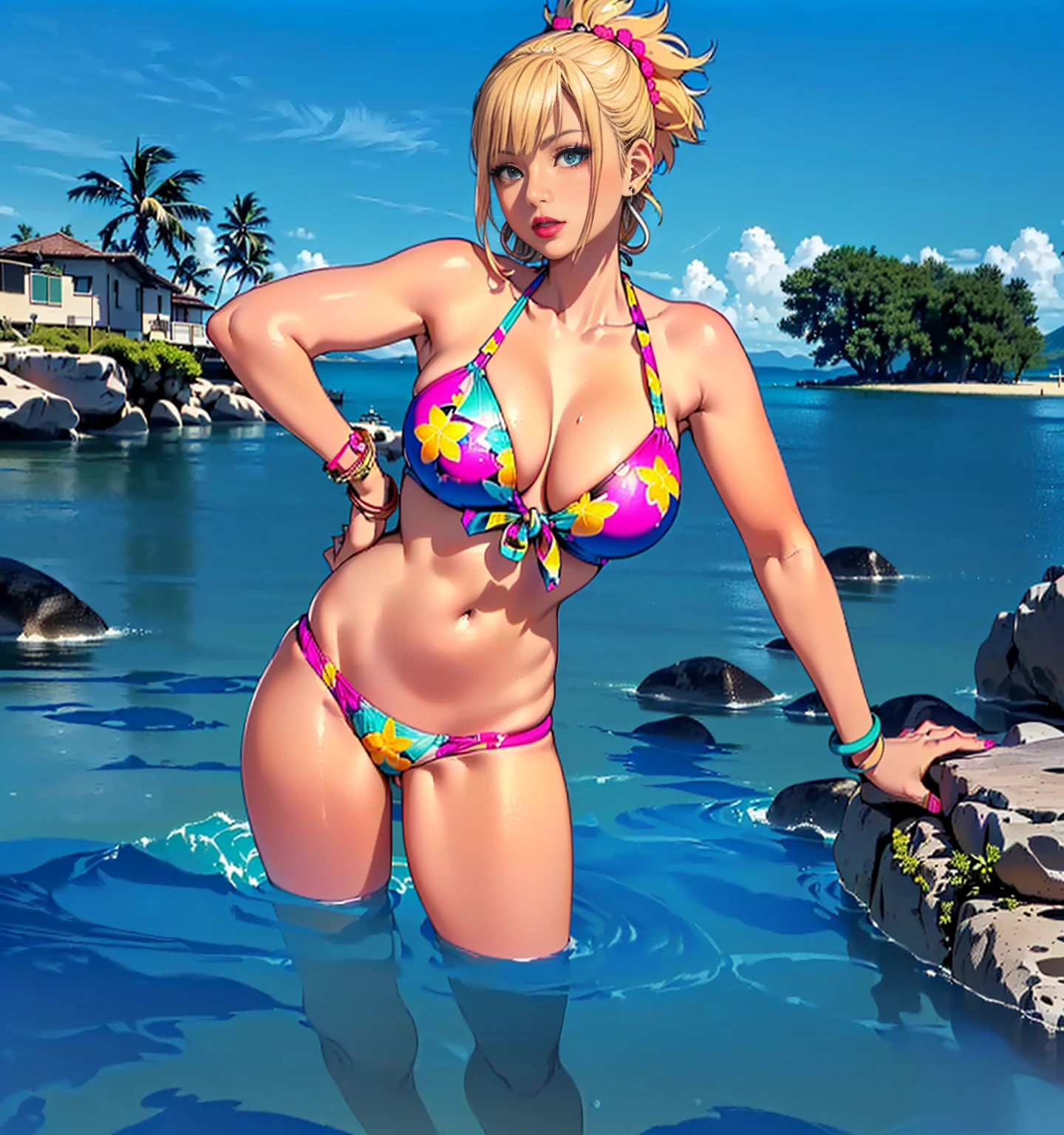 ((1woman, (solo, 1girl, alone), kohaku, blonde hair, blue eyes, tied hair)), smug, ((solo, (1woman, pink lipstick), Extremely detailed, ambient soft, (( bikini with print, printed bikini, in river, printed thong, colorful thong, looking back, beach, sea, paradise island, sailboat, bracelets, earrings))