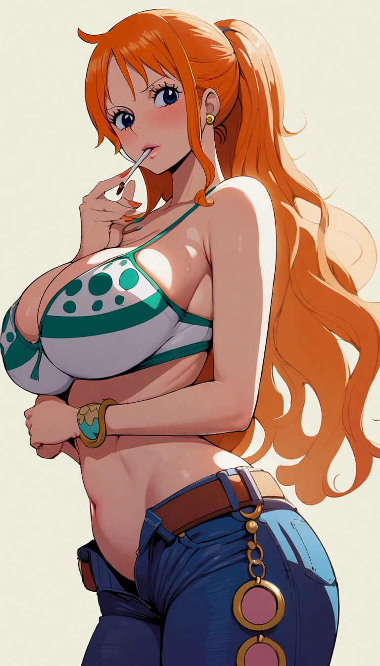 a cartoon picture of a woman in a bikini top and jeans, nami one piece, nami from one piece, nami, beautiful portrait of nami, from one piece, oppai, blue eyes, smoking, ponytail, nsfw