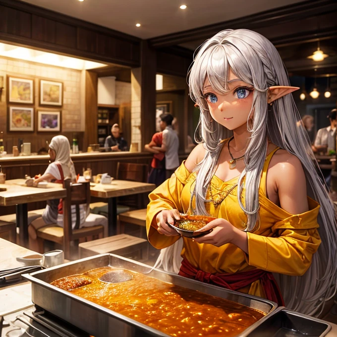 Making curry at a curry restaurant　A brown-skinned elf with long silver hair　