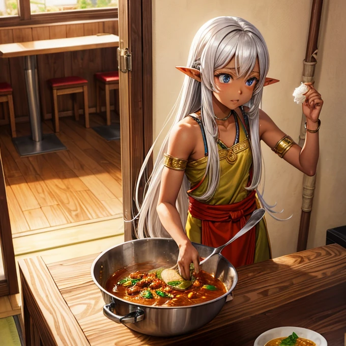 Making curry at a curry restaurant A brown-skinned elf with long silver hair