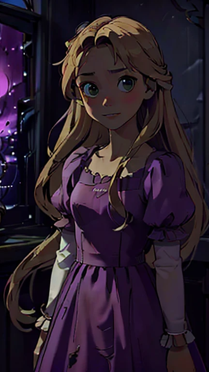 best quality,masterpiece,1girl,solo,(((13years old))),japanese girl,an extremely cute and beautiful girl,highly detailed beautiful face and eyes,petit,cute face,lovely face,baby face,shy smile,show teeth, Blonde hair,very long hair,green eyes,flat chest,skinny,slender,(((wearing a RapunzelWaifu, purple dress, puffy sleeves))),(((standing in Dark Midnight reelunsettling, indoors, solo))),she is looking at the viewer, upper body, (at night, darkness, no light:1.4)