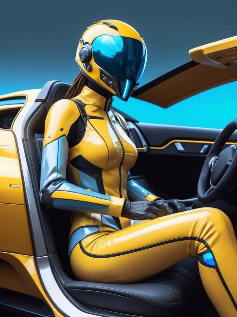ral-opal, meahophontron, cyberpunk, (yellow suit, blue, Brown, gray) With futuristic armor, (along with a super sports car) colores bluees, black, grayes con tononalidades suaves, background image: (driving through the sea) (photo where she is seen sitting in the car with the door open) light tones (cyberpunk woman helmet)