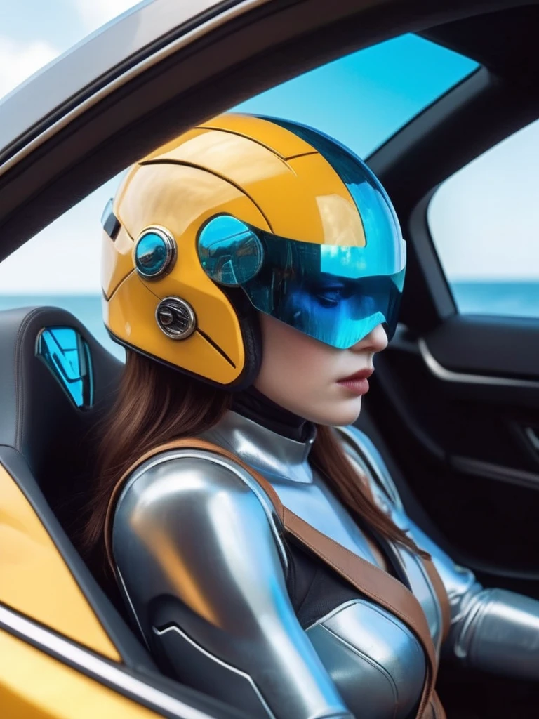 ral-opal, meahophontron, cyberpunk, (yellow suit, blue, Brown, gray) With futuristic armor, (along with a super sports car) colores bluees, black, grayes con tononalidades suaves, background image: (driving through the sea) (photo where she is seen sitting in the car with the door open) light tones (cyberpunk woman helmet)