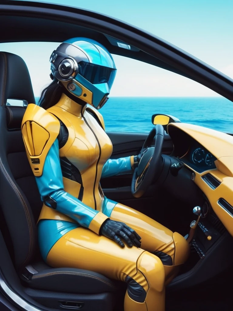 ral-opal, meahophontron, cyberpunk, (yellow suit, blue, Brown, gray) With futuristic armor, (along with a super sports car) colores bluees, black, grayes con tononalidades suaves, background image: (driving through the sea) (photo where she is seen sitting in the car with the door open) light tones (cyberpunk woman helmet)