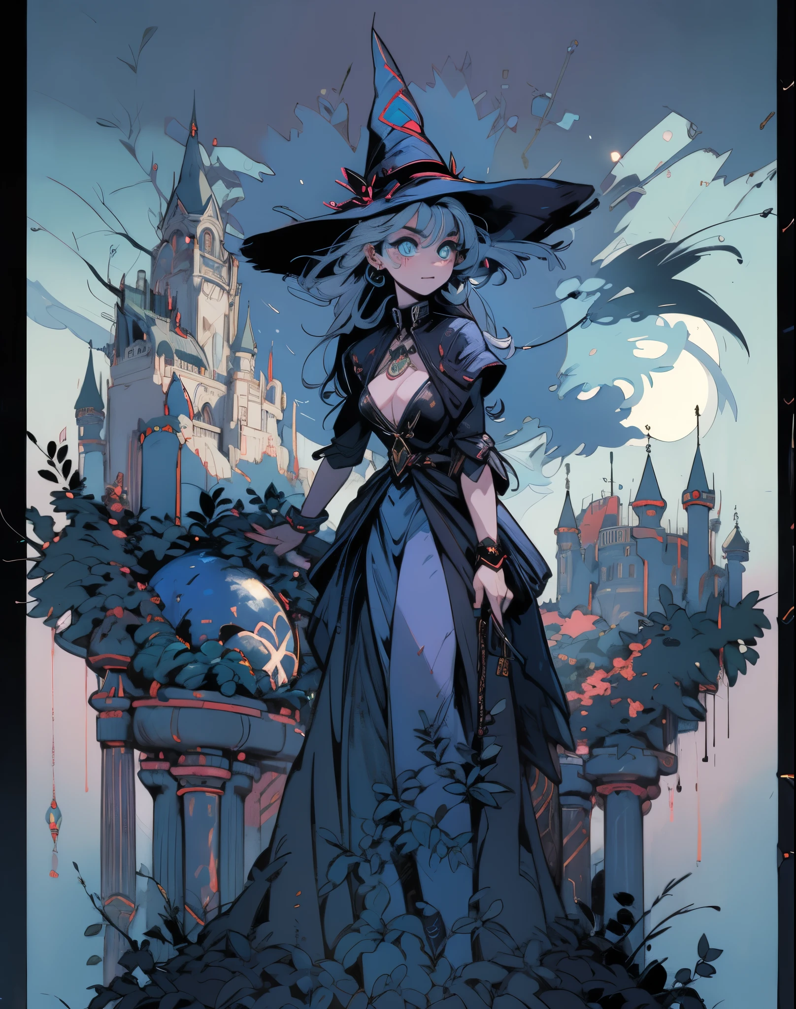 depicts a modern-day witch who has embraced the world of cybernetics to enhance her magical abilities. The artwork should convey the enchanting blend of traditional witchcraft and futuristic technology. Here are some specific elements to include: The Witch's Lair: The setting should be a cozy yet slightly eerie room, filled with magical books, crystal balls, potion ingredients, and antique furnishings. The room should be dimly lit by candles and a soft, mystical glow emanating from her cybernetic enhancements. The Cyborg Witch: The central focus of the artwork is the witch herself. She's a striking figure with a mix of traditional witch attire and cybernetic enhancements. Her clothing should have a witchy, occult aesthetic, with flowing robes, a pointed hat, and an intricate pentagram necklace. Her arms, however, have been upgraded with cybernetic components that incorporate magical symbols and glowing runes. Magical Interface: The witch is in the midst of casting a spell, with a holographic, touch-screen interface floating before her. This interface includes spell incantations, arcane symbols, and digital components, demonstrating her fusion of magic and technology. Spell Ingredients: On a nearby table, there should be a collection of spell ingredients, like herbs, potions, and magical artifacts. Some of these items may have been modified with cybernetic enhancements, blurring the line between the natural and the technological. Familiar: The witch's familiar, perhaps a cat or raven, should be present in the scene, serving as her magical companion. The familiar could also have subtle cybernetic enhancements or glowing eyes. Glowing Runes: The room should be adorned with ancient symbols and glowing runes on the walls and floor, contributing to the magical atmosphere. Aetherial Lighting: Use a combination of mystical, ethereal lighting and cybernetic glows to create a captivating interplay of light and shadow. The contrast between the tradit