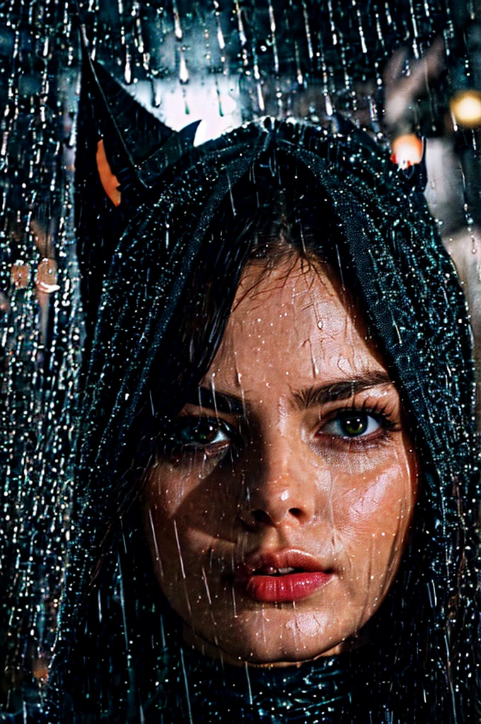 Fashion Beauty Close-Ups, ((Sonic manipulation powers and bat-like features)), Silhouette, (glitch style, candlelight lighting, hyperdetailed, insanely detailed:0.8), eye level, ((Rain-soaked streets)), (Vintage:0.6), Ethereal