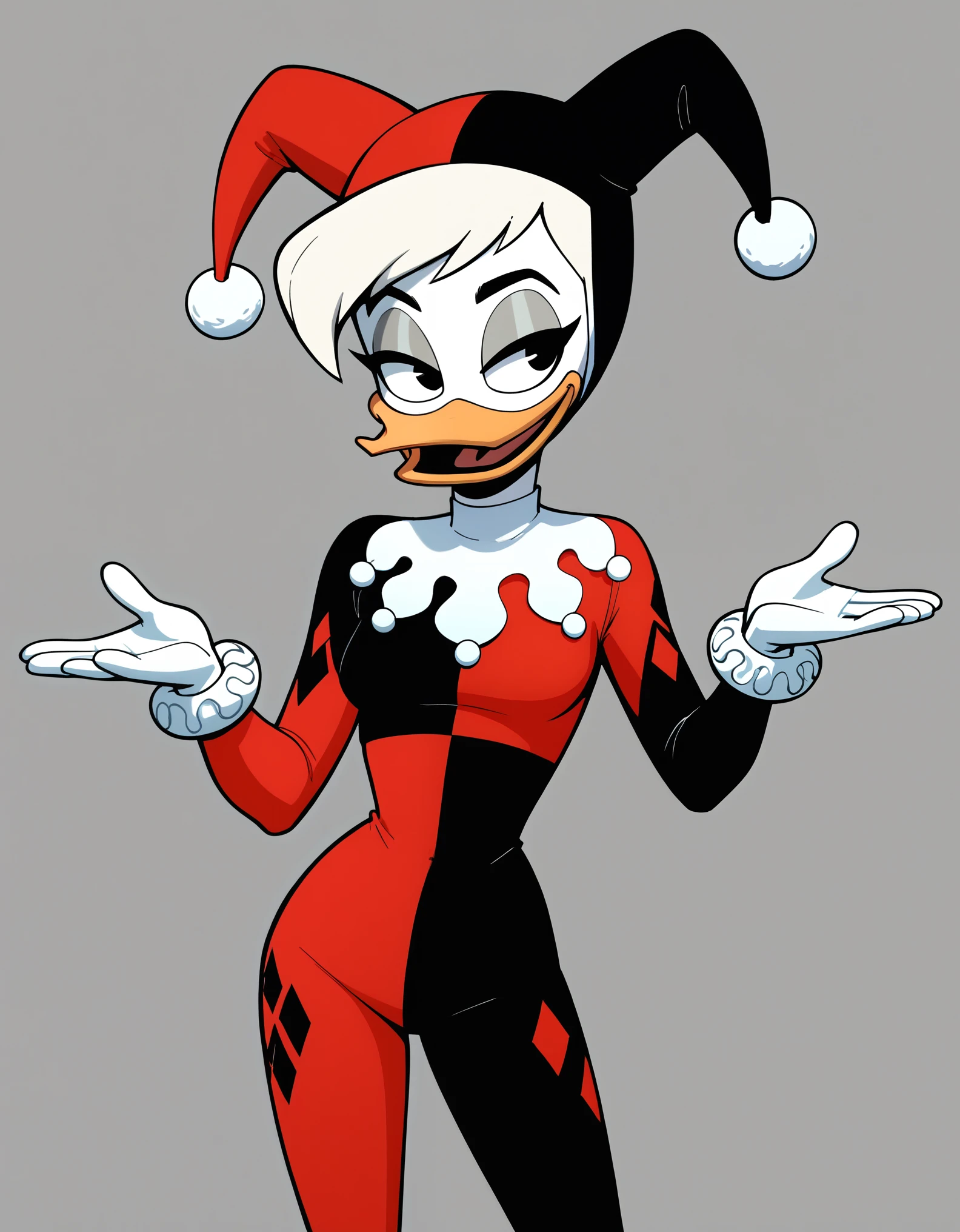 score_9, score_8_up, score_7_up, score_6_up, source_furry, by ducktales, anthro duck, white hands, della duck, white hair, black eyes, narrowed eyes, happy, clothed, clothing, (Harley Quinn costume, Harley Quinn clothing, jester cap, multicolored bodysuit), standing, white skin, solo, night