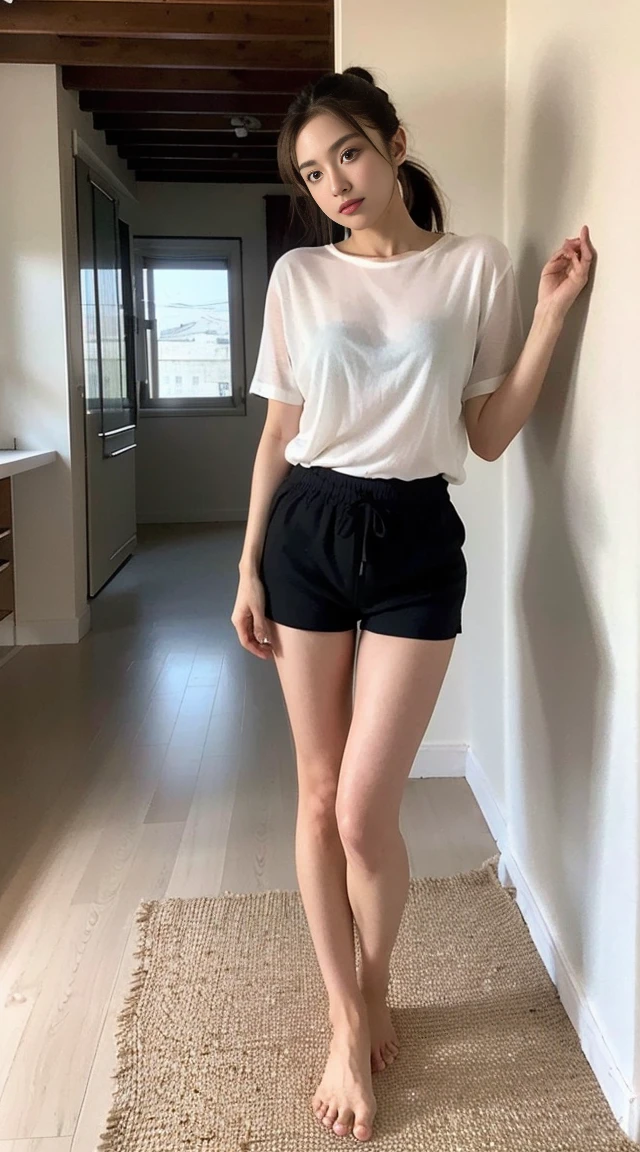 Dark brown hair、Light brown eyes、Japanese actress、 Lady、I am about 40 years old.......、(Intricate details:1.2)、 (Ultra-high resolution:1.2)、Ultra-high resolution、(Fine-tune)、(Detailed facial features)、Hmph、8k resolution、D cup size breasts、Long Hair、Bright terrace room with sunlight streaming in、Large windows、Extravagant space、relax、、,Full body photo、Head to toe shot、Beautiful feet、black Loose fit openwork T-shirt、Underwear shorts、Beautiful feet、Bright terrace room with sunlight streaming in、she, household items, (plant:0.8), Fashion Hub, Very detailed, Very detailed, Realistic, Hourglass Shaped Body, Obscene pose,、Messy Hair、Messy ponytail、Leaning against a wall、I cry a lot、tears、Skin is visible through the knit、White floor、White wall、A masterpiece of transparent painting、looking at the camera、Looking at me、