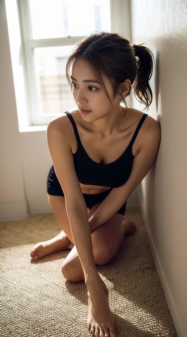 Dark brown hair、Light brown eyes、Japanese actress、 Lady、I am about 40 years old.......、(Intricate details:1.2)、 (Ultra-high resolution:1.2)、Ultra-high resolution、(Fine-tune)、(Detailed facial features)、Hmph、8k resolution、D cup size breasts、Long Hair、Bright terrace room with sunlight streaming in、Large windows、Extravagant space、relax、、,Full body photo、Head to toe shot、Beautiful feet、black Loose fit openwork T-shirt、Underwear shorts、Beautiful feet、Bright terrace room with sunlight streaming in、she, household items, (plant:0.8), Fashion Hub, Very detailed, Very detailed, Realistic, Hourglass Shaped Body, Obscene pose,、Messy Hair、Messy ponytail、Leaning against a wall、I cry a lot、tears、Skin is visible through the knit、White floor、White wall、A masterpiece of transparent painting、looking at the camera、Looking at me、