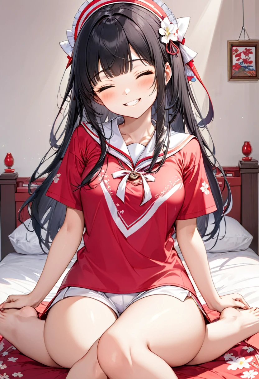 (Ladylike style) (sitting, spread legs), (crossed ankles:1.5), (soro:2, 15 yo, blunt bangs:1.3 black hair long hair sexy shrine maiden girl, sexy closed eyes, grin smile, love smile, medium:1.3 tits), in a summer T-Shirts, hot pants, break, in the cute bedroom, BREAK, perfect anatomy, masterpiece, best quality, 16k, beautiful detailed grow, daydreaming expression.