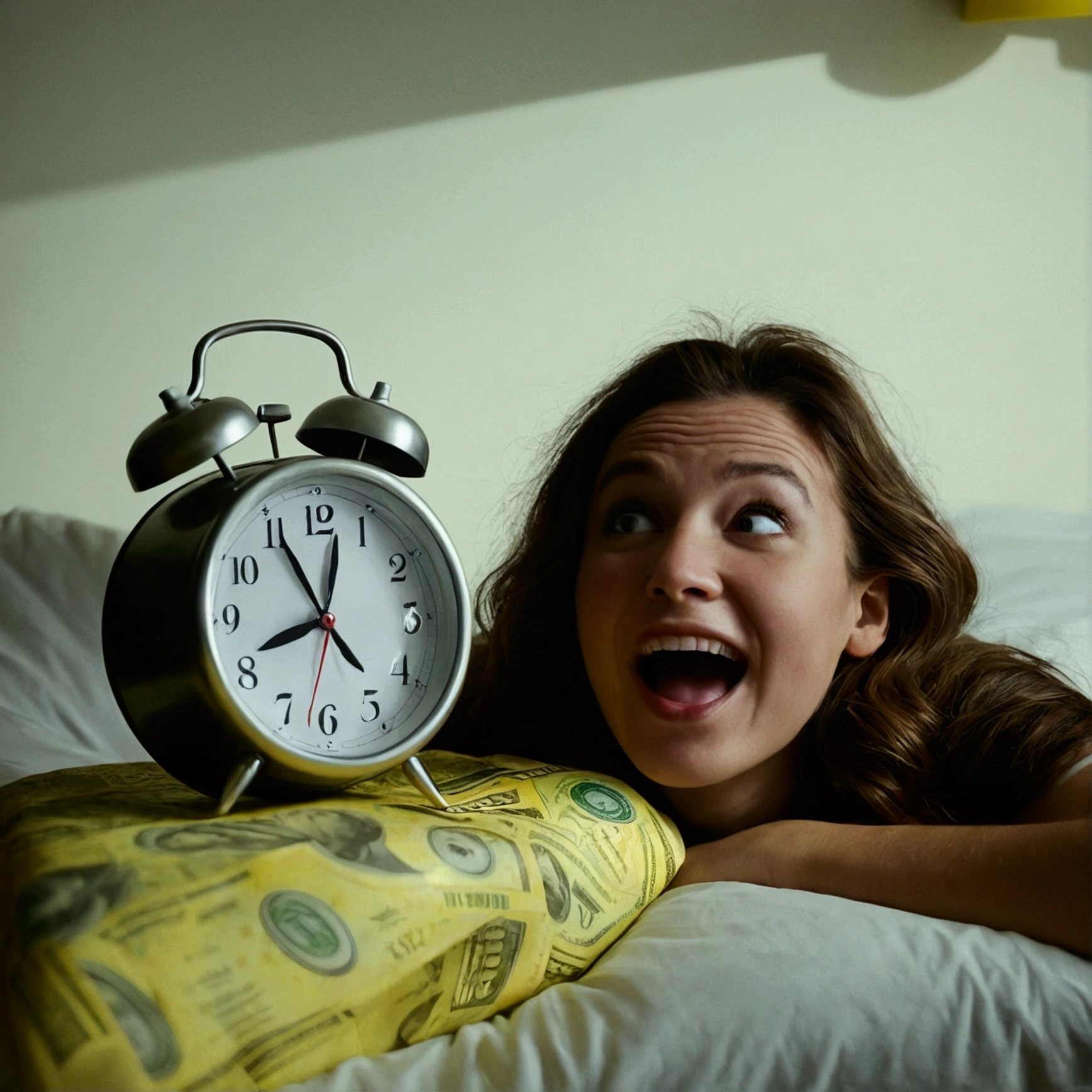 A person waking up happy with an alarm clock next to them showing money.