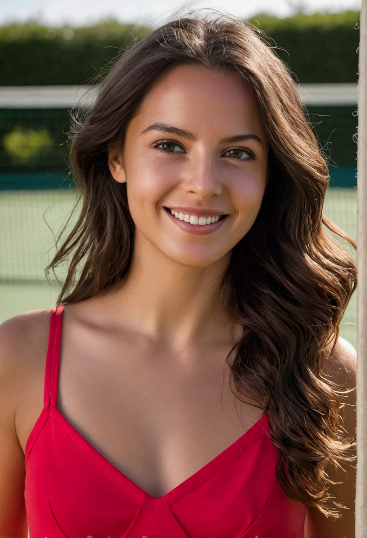 Photoréaliste, ultra-détaillé, Sensuelle jeune femme brune, Photo portrait, seulement, terrain de tennis, d'terrain de tennis privé L'essence de la vraie vie, buste naturel, vingt ans, Séduisant, montrer le décolleté en surbrillance, Éclairage d'ambiance, mise au point douce, tons de couleurs chaudes,meilleure ombre, style vintage, grain de film, Meilleure qualité, détails complexes, très détaillé, netteté, peau détaillée, texture de peau réaliste, texture, yeux détaillés, professionnel, 4k, Sourire charmant, tourné avec Canon, 85mm, Faible profondeur de champ, couleur de vision kodak,