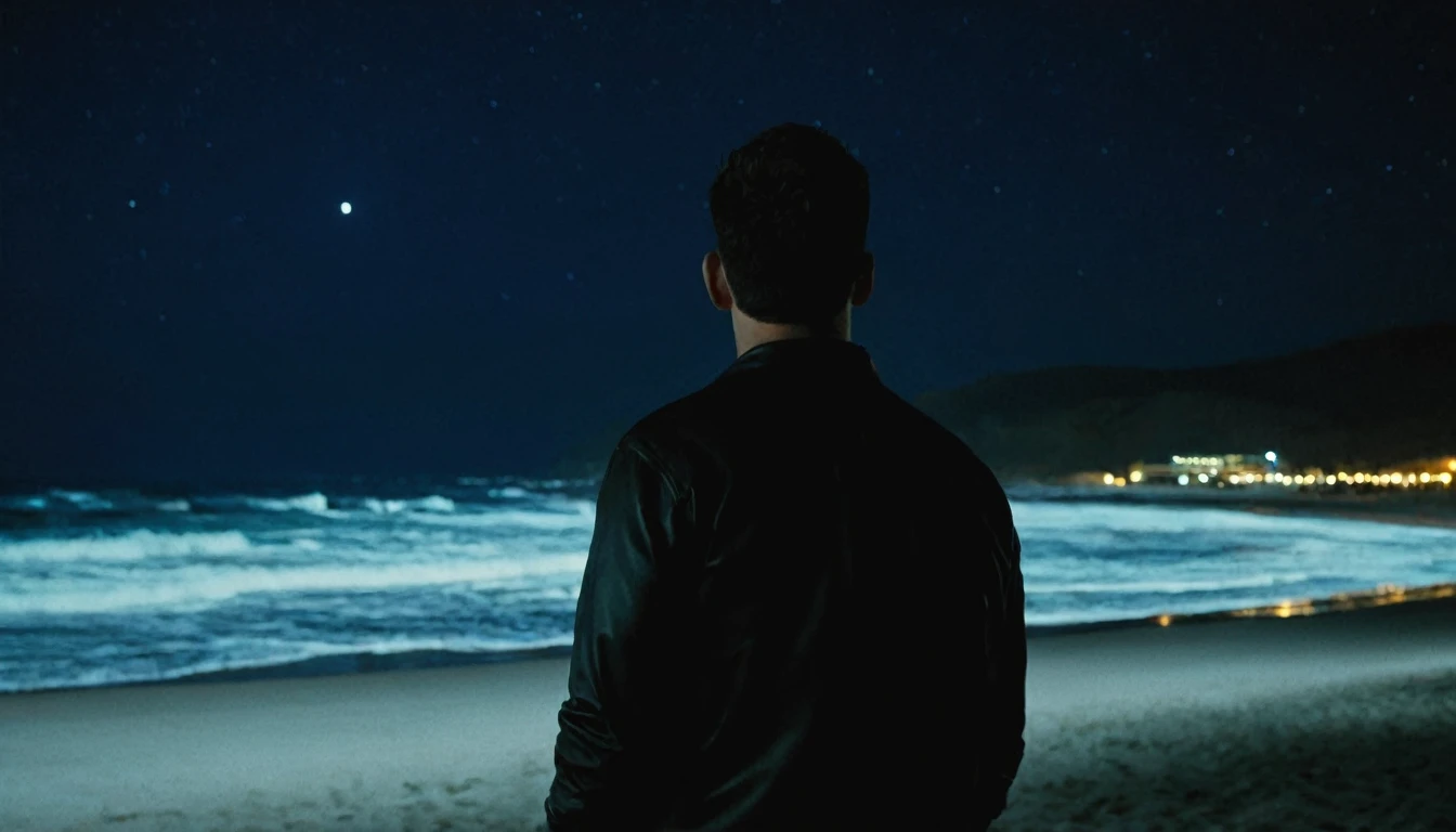 a man with his back to the camera watching the beach at night