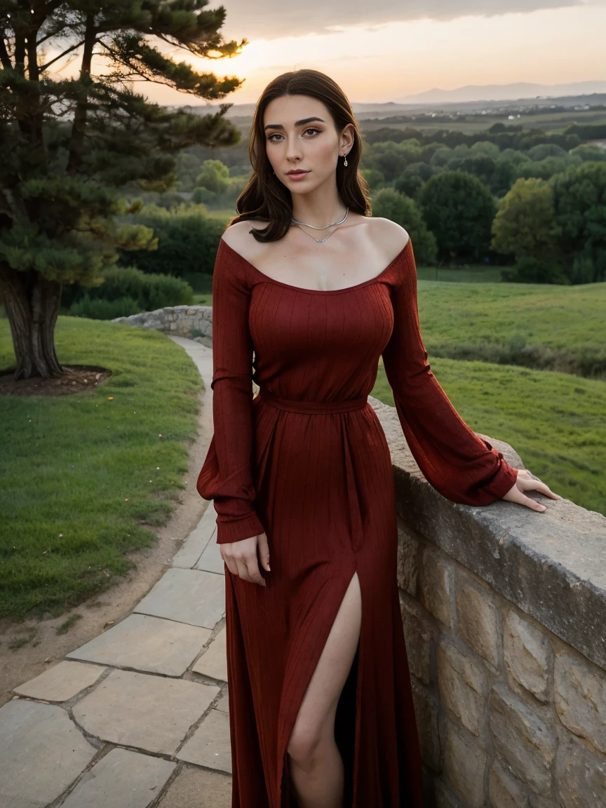 Beautiful and regal, imperious and aloof, busty athletic (thin) brunette queen with sharp facial features wearing a modest updo, dark red medieval dress, long sleeves, wide neck, crown, veil, long dress, tight bodice, (silver waist chain), medieval jewelry, Middle Ages, castle, rampart, wall, exterior, on top of a castle wall, trees, countryside, evening, sunset.