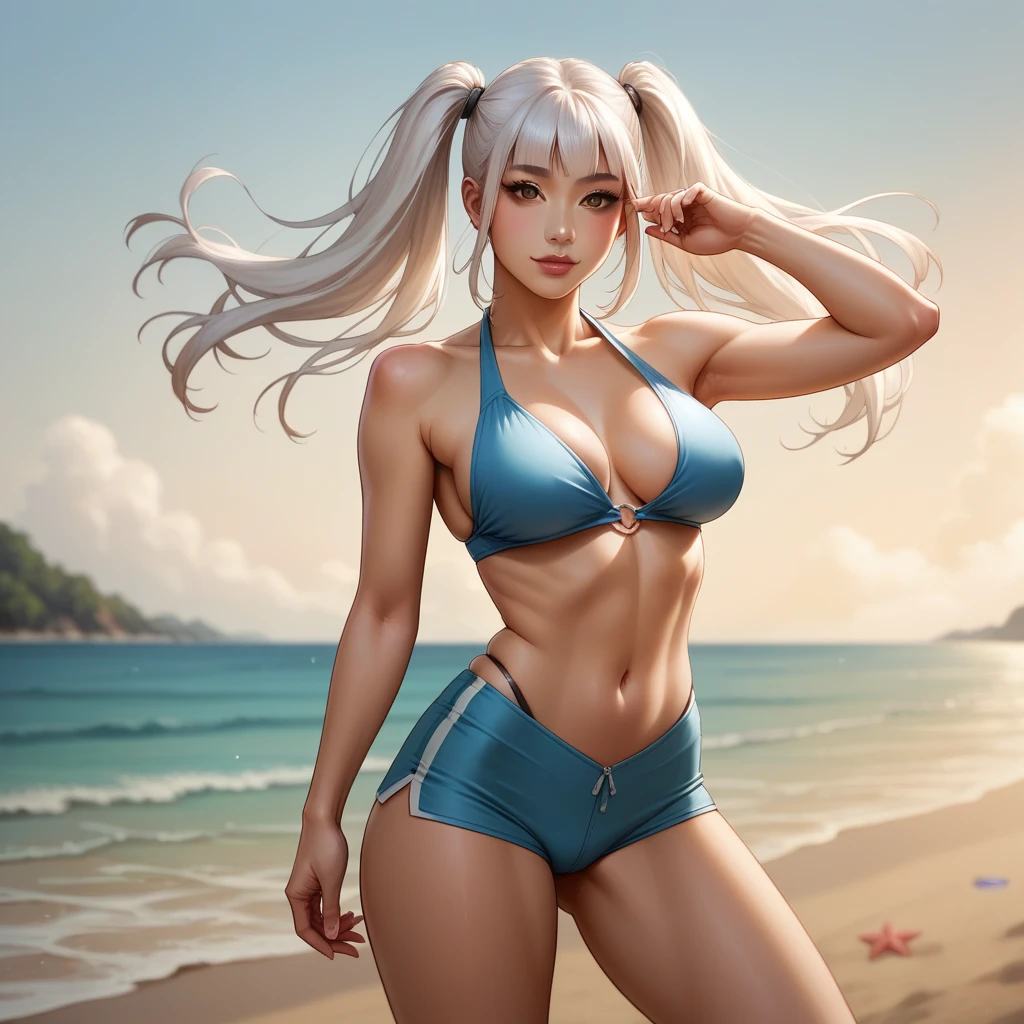 (1female body builder:1.37), masterpiece, best quality, illustration, ultra-detailed, finely detail, highres, 8k wallpaper, perfect dynamic composition, beautiful detailed eyes, natural lip, snake skin bikini:1.37, plaid pattern skirt:1.3, medium breasts:1.25, lovely look:1.3, white skin, pale skin, oily skin:1.3, shiny skin, Caucasian, white hair, silver hair, side-under-cut-hair-style, clean armpit,