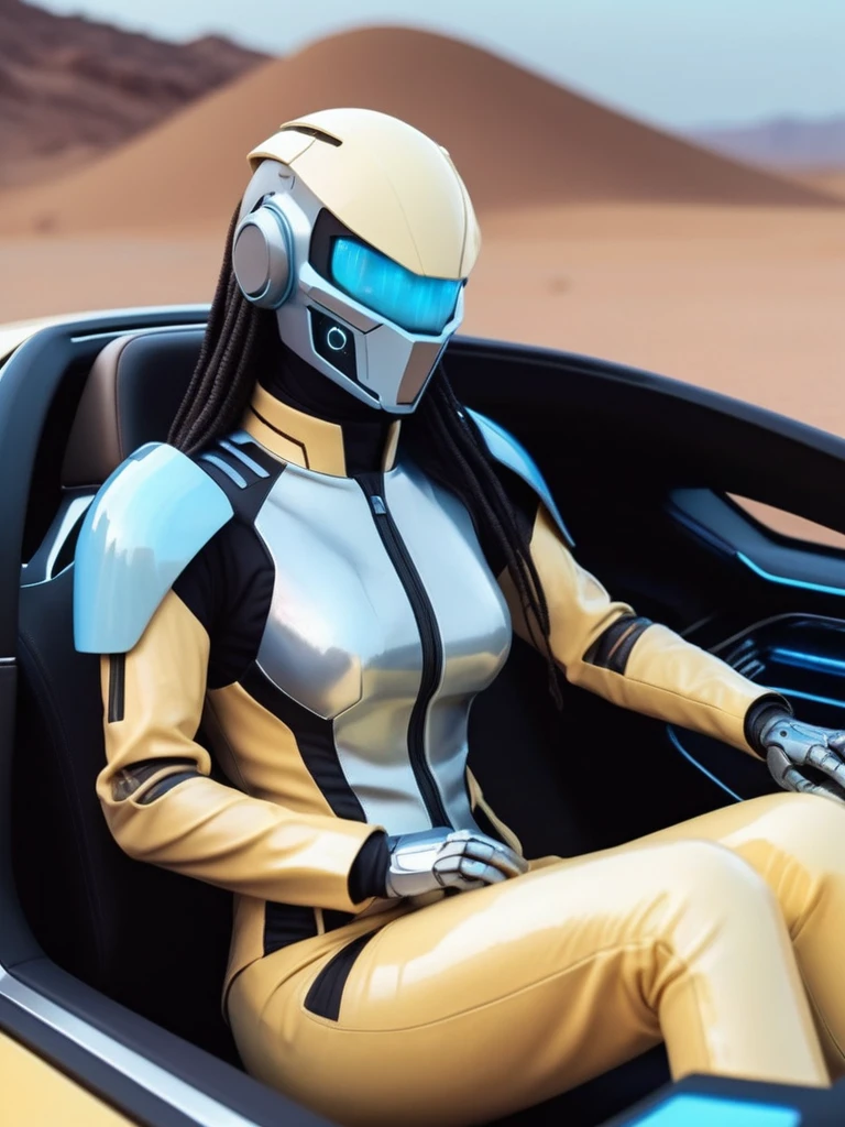 ral-opal, meahophontron, cyberpunk, woman ROBOT DEMON futuristic helmet (light yellow suit, black gray, light blue brown) With futuristic armor, (along with a supercar) blue colors, , gris con soft tones, background image: (driving through the desert) soft tones