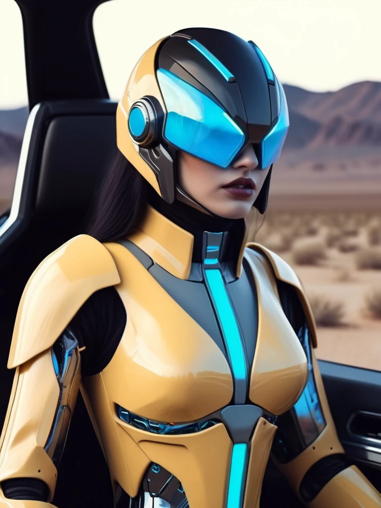 ral-opal, meahophontron, cyberpunk, woman ROBOT DEMON futuristic helmet (light yellow suit, black gray, light blue brown) With futuristic armor, (along with a supercar) blue colors, negro, gris con soft tones, background image: (driving through the desert) soft tones