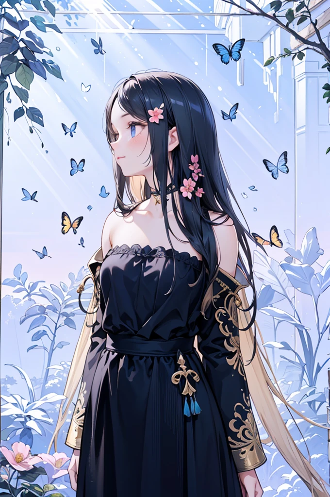 (highres:1.2,realistic:1.37),Girl in a magical garden, fairytale atmosphere, beautiful detailed eyes, long flowing hair, vibrant flowers, butterflies fluttering around, golden rays of sunlight, soft and dreamy color palette, whimsical lighting, enchanting scenery, fantasy ambiance, surreal elements, ethereal beauty.