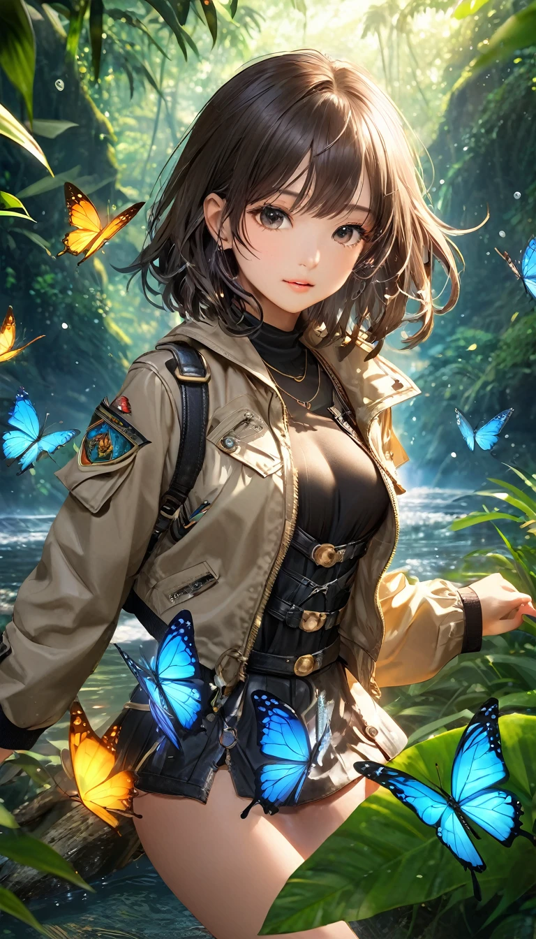 Highest quality, Highest quality, 16K, software, Unbelievably absurd, Very detailed, delicate and dynamic, Natural light, The particles reflect light beautifully, Diffuse reflection of light, Vortex of Light, jungle, jungleに隠された美しい古代遺跡, Colorful butterflies fluttering, Wildlife, firefly, 隠されたtreasure, maze, Skeleton, Create amazing image effects, Body close-up, pyramid, (Cute sexy girl, firm bouncing busts, Sensual expression, Passionate,Serious, Uplifting, Explorer, River Jacket, Explorerの装備, Explorerの服装, Leather boots, treasure)