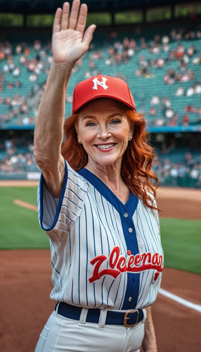 a happy 60-year-old man in a baseball jersey,a beautiful redhead with large breasts in a baseball jersey,both waving at the camera,in a baseball stadium,(best quality,4k,8k,highres,masterpiece:1.2),ultra-detailed,(realistic,photorealistic,photo-realistic:1.37),HDR,UHD,studio lighting,ultra-fine painting,sharp focus,physically-based rendering,extreme detail description,professional,vivid colors,bokeh,portrait,sports
