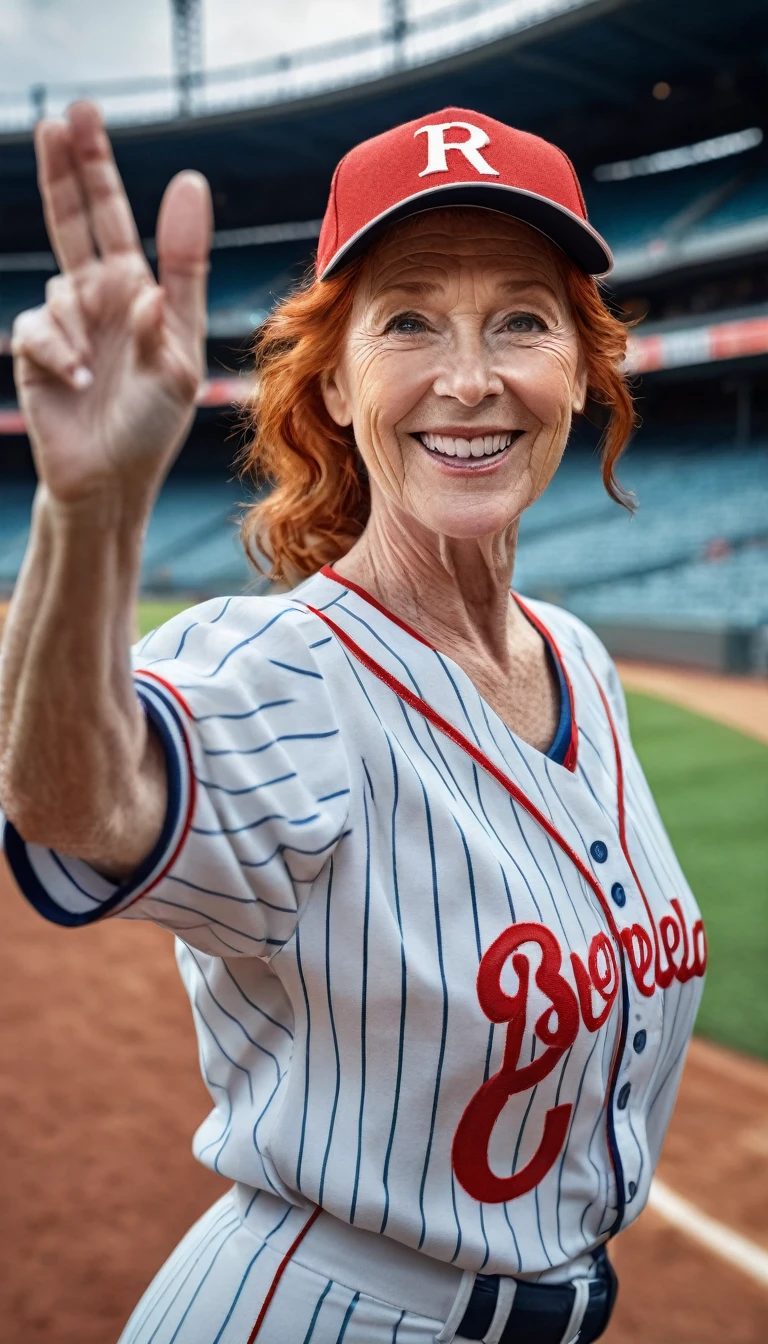 a happy 60-year-old man in a baseball jersey,a beautiful redhead with large breasts in a baseball jersey,both waving at the camera,in a baseball stadium,(best quality,4k,8k,highres,masterpiece:1.2),ultra-detailed,(realistic,photorealistic,photo-realistic:1.37),HDR,UHD,studio lighting,ultra-fine painting,sharp focus,physically-based rendering,extreme detail description,professional,vivid colors,bokeh,portrait,sports