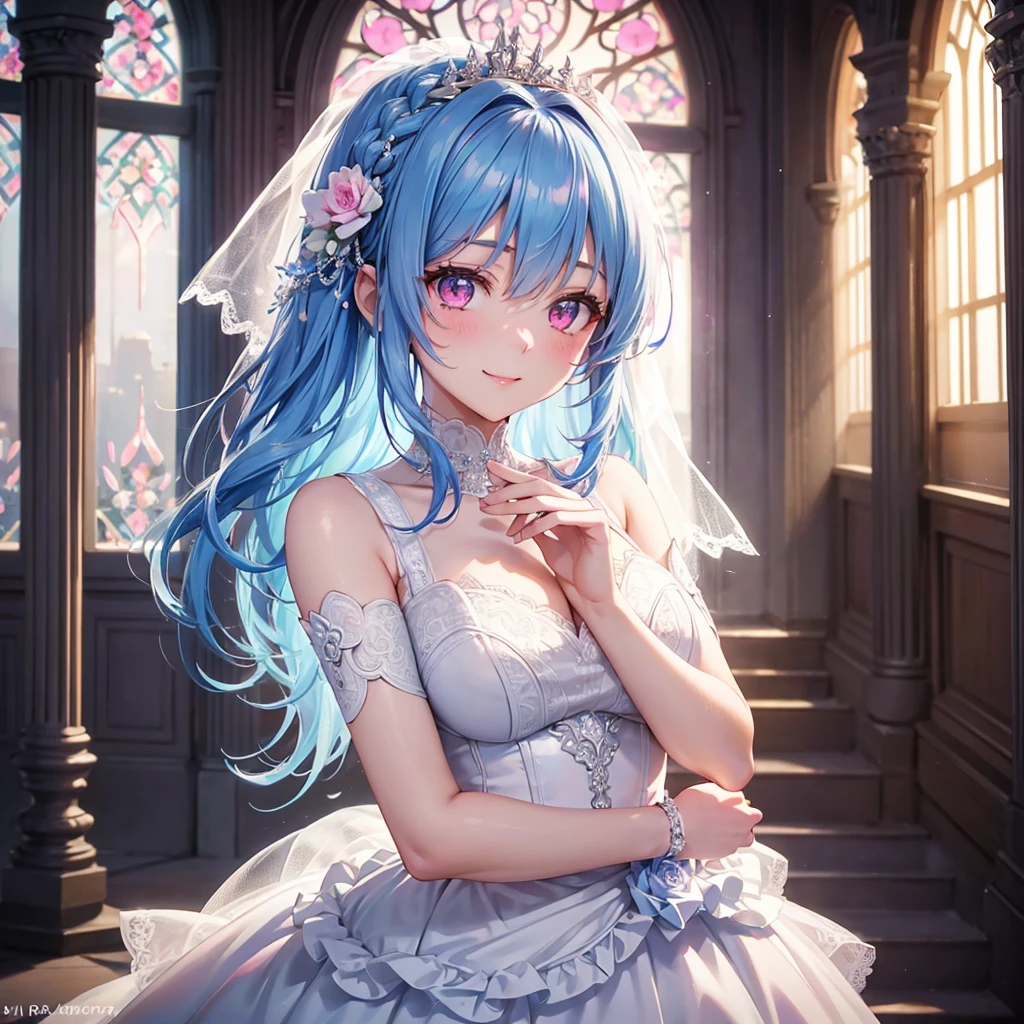 Sky Blue Medium Hair, (Braided Hair),(Pink Eyes),Fair skin ,(whole body),(1 girl),bride,smile、Straight bangs, 6月のbride,Wedding dress,(masterpiece, Highest quality, Very detailed, Best Shadow), (Detailed Background), (Beautifully detailed face), High Contrast, (Best lighting, Very delicate and beautiful), ((Cinematic Light)), colorful, Hyper Detail, Dramatic Light, Intricate details,Wedding hall,