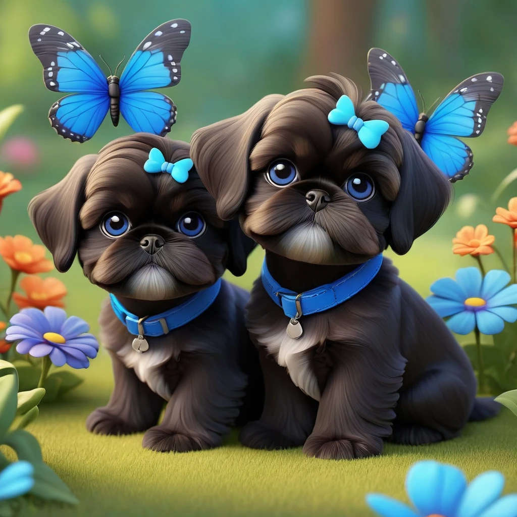 2 adorable small shih black shih tzu puppies wearing blue collars with bright blue eyes playing in park butterflies and flowes in background 3D Pixar style