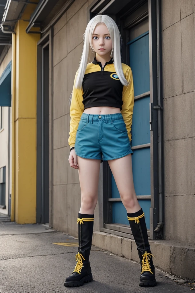 My Hero Academia anime screenshot, an attractive 15 year old girl, Pale skin, light blue eyes with black eyeliner below, short wavy white hair with yellow extensions, she is wearing a heroine costume, black color and wears medium short pants and boots, background a street, serious expression, strong and brave. screenshot from Bones Studios.