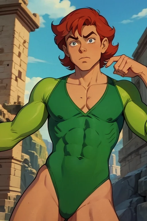 a redhead cartoon character dressed in a green leotard, very muscular, a young male wizard, 1980s cartoon, animated episode still, Presto (((mad)))