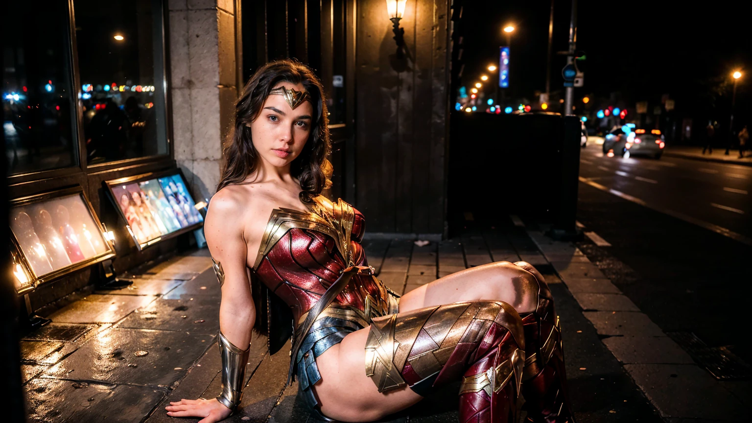 ((masterpiece), (solo character), (photorealistic:1.4), ),(best quality), (epiCRealLife), (g4lg), (wonder woman bra top), (g4lg show abs), (g4lg show cleavages), (Gal Godot in wonder woman costume), (lora:epiCFlashPhoto),(flashphoto), (flash photography) (look at viewers), (outdoor),, (Paris city landmark night views), (window), (night time), (city night lights), (sitting at sidewalk cafe), (looking at viewers), (at night), (night time), (wonder woman boots),