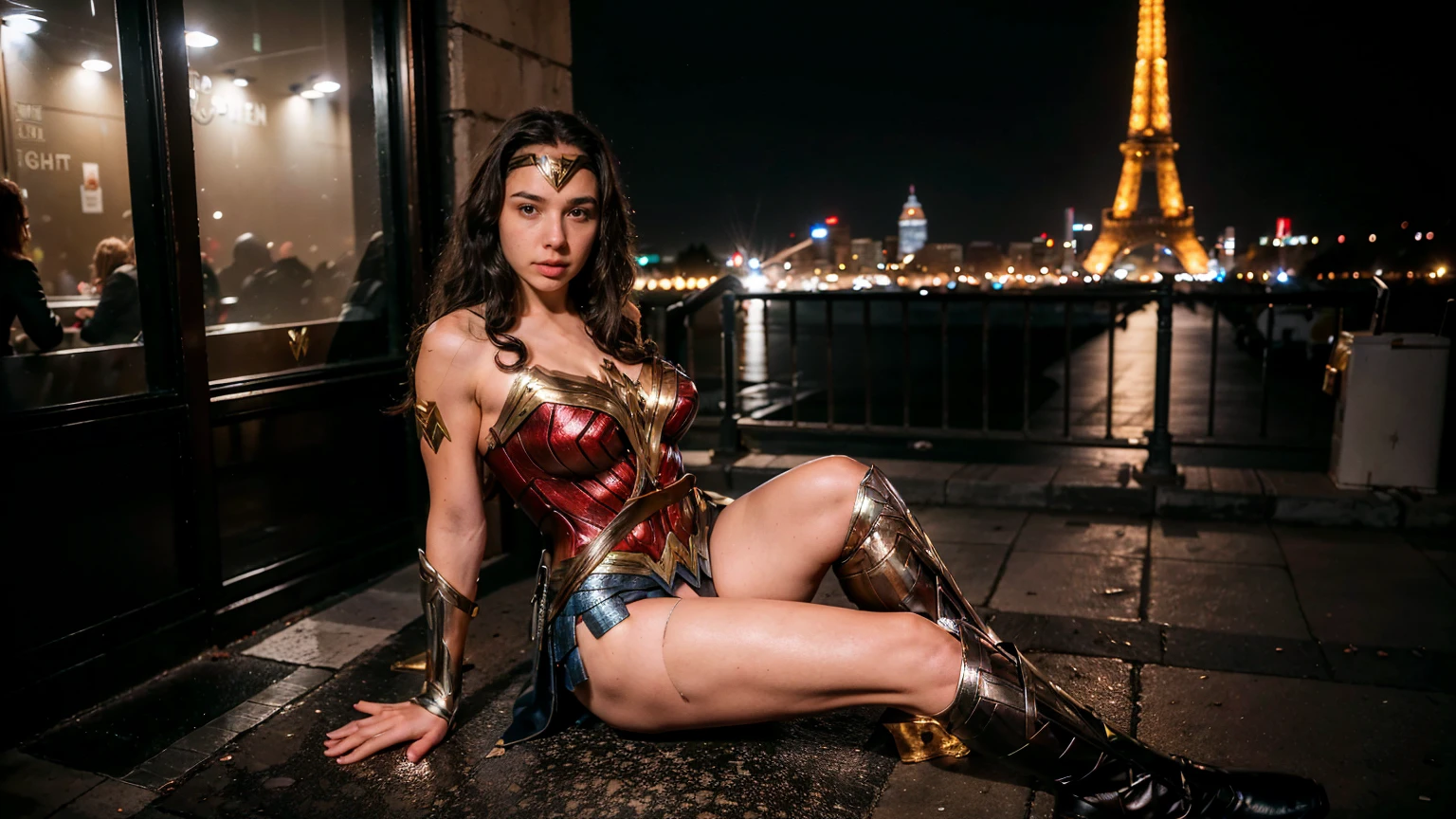 ((masterpiece), (solo character), (photorealistic:1.4), ),(best quality), (epiCRealLife), (g4lg), (wonder woman bra top), (g4lg show abs), (g4lg show cleavages), (Gal Godot in wonder woman costume), (lora:epiCFlashPhoto),(flashphoto), (flash photography) (look at viewers), (outdoor),, (Paris city landmark night views), (window), (night time), (city night lights), (sitting at sidewalk cafe), (looking at viewers), (at night), (night time), (wonder woman boots),